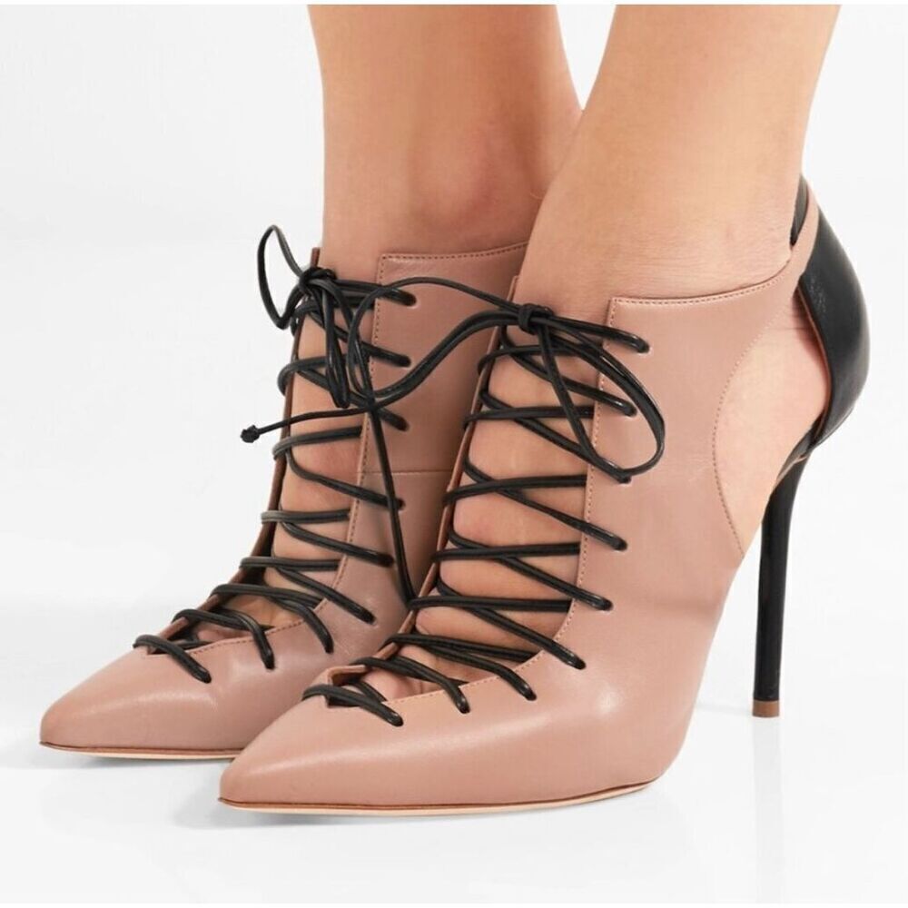 Malone Souliers Beige/Black Leather Montana Lace Up Pumps Size 36.5